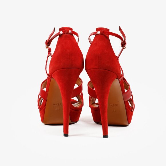 Gucci Red Suede Criss Cross Strappy Platform Sandal Pumps - Picture 3 of 11
